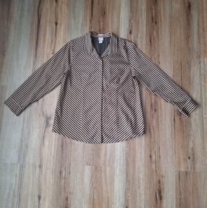 Chico's Size 2 US 12/14 Large No-Iron Sateen Striped Black Tan Wing-Collar Shirt